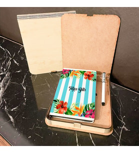 Çiçekli Ahşap Kutulu Defter Kalem Set