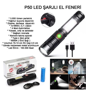 Geniş Açılı P50 Led Şarjlı El Feneri Wt-601