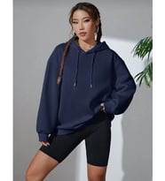Kadın Kapüşonlu Kanguru Cepli 3 İplik Pamuklu Oversize Hoodie Sweatshirt - Lacivert