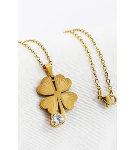 Paslanmaz Çelik Gold Renkli Dört Yapraklı Şans Yoncalı Çelik Kolye , Hediyelik Kolye (60 cm)
