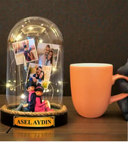 Sizlere Özel Tasarım Led Işıklı Fanus ve Turuncu Kupa Bardak Hediye Seti (Model 8)