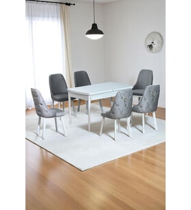 Sonata Beyaz 80 x 132 Açılabilen MDF Masa Metal Ayaklı Mutfak Masası Takımı 6 Gri Sandalye