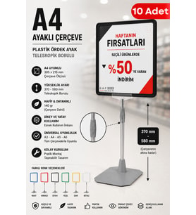 10 Adet - A4 Ayaklı Fiyat Etiketlik Teleskopik Borulu Çerçeve Etiketlik Yönlendirme Levhası Menü Panosu Siyah