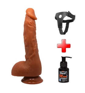 LilituShop 25,2 cm Realistik Vantuzlu Melez Dildo Penis + Kemer + Kayganlaştırıcı Hediyeli