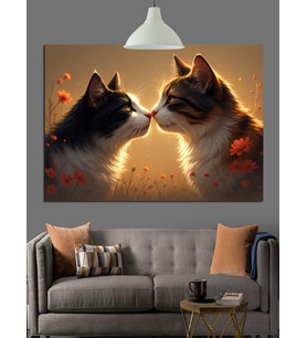 Burun Buruna İki Kedi Dekoratif Kanvas - Mdf Ahşap Tablo