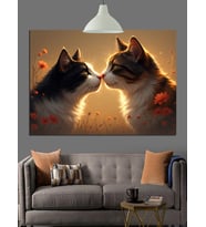 Burun Buruna İki Kedi Dekoratif Kanvas - Mdf Ahşap Tablo