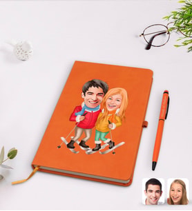 BK Gift Kişiye Özel Sevgililer Karikatürlü Turuncu Termo Deri Defter Kalem Seti Model 107