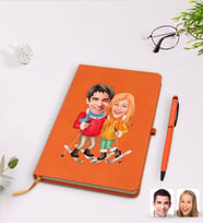 BK Gift Kişiye Özel Sevgililer Karikatürlü Turuncu Termo Deri Defter Kalem Seti Model 107