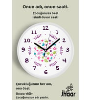 İsme Özel Renkli Kuş Desenli Çocuk Odası Duvar Saati Orta Boy 30 cm Beyaz Camlı Sessiz