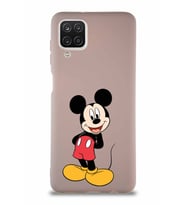 Samsung Galaxy A12 Soft Premier Kapak Mickey Mouse-B Tasarımlı Silikon Kılıf - Pudra (Şeffaf)