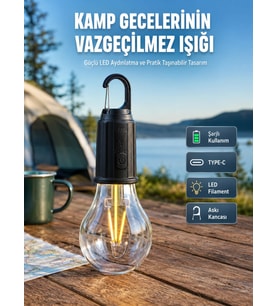 Şarjlı Aydınlatma Ampul Tasarımlı Ambians Işık Askılı Kamp Lambası