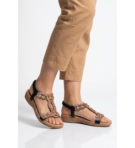 Ewoll Camel Desenli İşlemeli Yumuşak Tabanlı Kadın Sandalet 4053 Z