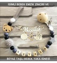 İsimli Bebek Emzik Zinciri ve Beyaz Taşlı Bebek Yaka İğnesi