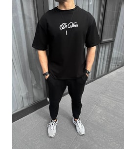 Erkek Baskılı T-Shirt Kısa Kol Bisiklet Yaka Regular Fit Rahat Kalıp Günlük Tişört - Siyah