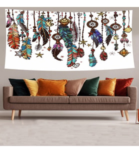 Dream Catcher Bohem Kuş Tüyü Leke Tutmaz Kadife Dokulu Kumaş Duvar Örtüsü Duvar Halısı Tapestry (Çok Renkli)