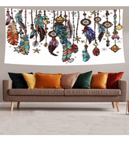 Dream Catcher Bohem Kuş Tüyü Leke Tutmaz Kadife Dokulu Kumaş Duvar Örtüsü Duvar Halısı Tapestry (Çok Renkli)