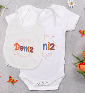 BK Kids Kişiye Özel İsimli Bebek Body Zıbın ve Mama Önlüğü Hediye Seti - Model 30