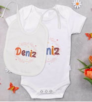 BK Kids Kişiye Özel İsimli Bebek Body Zıbın ve Mama Önlüğü Hediye Seti - Model 30