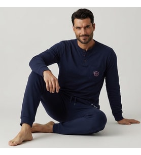 Erkek Pamuklu Yakası Düğmeli Cepli Hediyelik Bohçalık Ve Çeyizlik Lacivert Renk Pijama Takımı AL007 V1