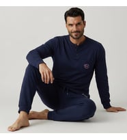 Erkek Pamuklu Yakası Düğmeli Cepli Hediyelik Bohçalık Ve Çeyizlik Lacivert Renk Pijama Takımı AL007 V1