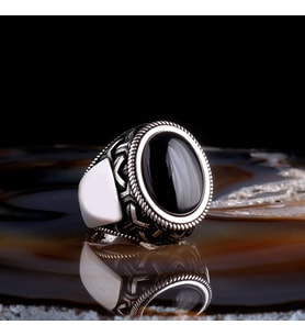 SİYAH ONİX TAŞLI OVAL MODEL 925 AYAR GÜMÜŞ ERKEK YÜZÜK