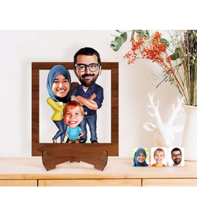 BK Gift Kişiye Özel Tesettürlü Aile Karikatürlü Ahşap Standlı 3D Biblo-1 (Beyaz)