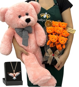 Kişiye Özel Hediye Seti - Renkli Anka Kuşu Kolyeli, 7'li Ayıcık Buketli ve Pembe Peluş Ayıcıklı Set (Model 3)