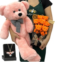 Kişiye Özel Hediye Seti - Renkli Anka Kuşu Kolyeli, 7'li Ayıcık Buketli ve Pembe Peluş Ayıcıklı Set (Model 3)