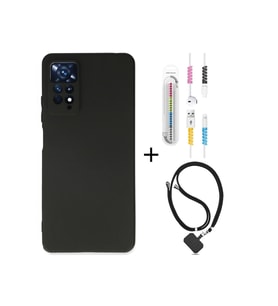 Xiaomi Redmi Note 11e Kılıf Siyah Silikon+kablo Koruyucu+boyun Askısı