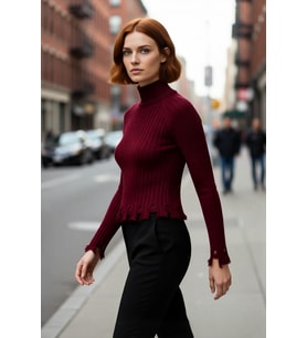Kadın Fitted Kesim Crop Dik Yaka Uzun Reglan Kollu Fitilli Triko Kazak Soğuk Havalar İçin Şık Ve