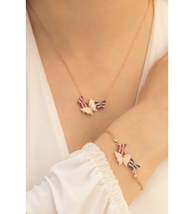 Kadın Gümüş Kolye Bileklik Set - Rose Kelebek Model Gümüş Kolye Bileklik Set