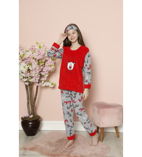 Kız Çocuk 2058 Geyik Desenli Polar Pijama Takım KIRMIZI