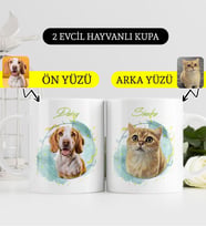 BK Gift Kişiye Özel İki Evcil Hayvan Karikatürlü Beyaz Kupa Bardak-1, Arkadaşa Hediye, Sevgiliye Hediye