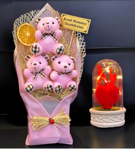 Kişiye Özel İsimli Büyük Boy 3'lü Ayıcık Buketi & Led Işıklı Fanus  Pembe Peluş Ayıcık Buketi (Model 6)