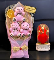 Kişiye Özel İsimli Büyük Boy 3'lü Ayıcık Buketi & Led Işıklı Fanus  Pembe Peluş Ayıcık Buketi (Model 6)