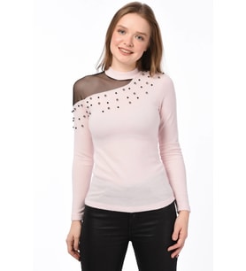 8490986 Yumoş Tek Omuzu Tül İncili Bluz PUDRA