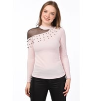 8490986 Yumoş Tek Omuzu Tül İncili Bluz PUDRA