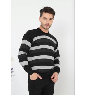 Unisex Kalın Çizgili Bisiklet Yaka Triko Kazak - Füme