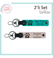 Sevgilinize ve Evcil Hayvanınıza Ortak Bir Hediye, Pati Kalpli Deri Anahtarlık Set, K Turkuaz-Pudra