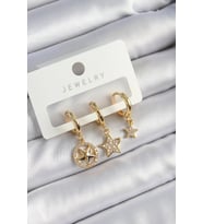 Pirinç Zirkon Taşlı Yıldız Model Gold Renk 3'lü Çift Kadın Küpe Set 5886