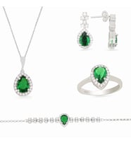 925 Ayar Gümüş Damla Desen Zümrüt Yeşili Şık Set