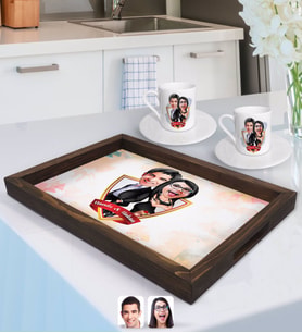 BK Gift Kişiye Özel İsimli Sevgililer Karikatürlü Doğal Ahşap Tepsi ve 2’li Kahve Fincan Seti-6