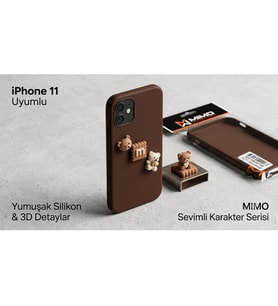 iPhone 11 Uyumlu Sevimli 3D Ayıcık ve Bisküvi Figürlü Kahverengi Lansman Silikon Kılıf - MIMO Bear Serisi