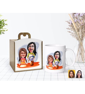 BK Gift Kişiye Özel Ahşap Kutuda Anneler Günü Temalı Anne Kız Karikatürlü Beyaz Kupa Bardak-2