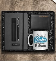 Babalar Gününe Özel Tasarım Kupa & Kişiye Özel Defter & Deri Kılıflı Touch Pen Kalem & Cüzdan Hediye Seti