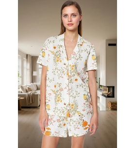 Rahat Pamuklu Pijama Takımı Çiçek Desenli Kısa Kollu Gömlek Yaka Yazlık Dayanıklı Malzeme