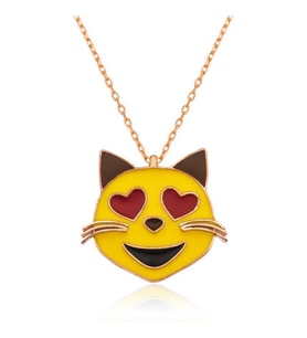 Gümüş Kalp Gözlü Kedi Emoji Bayan Kolye
