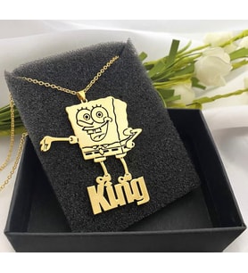 Kişiye Özel Tasarım Spongebob Süngerbob Detaylı İsim Kolye 925K Gümüş (Gold)