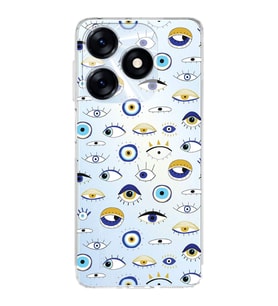 PrintiFy Tecno Spark 10 4G ile Uyumlu Nazar Boncuğu 2 Baskılı Kamera Korumalı Şeffaf Silikon Kılıf