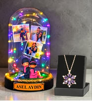 Kişiye Özel Renkli Led Işıklı Fanus ve Gerçek Ametist Taşlı Lotus Kolye (Model 9)